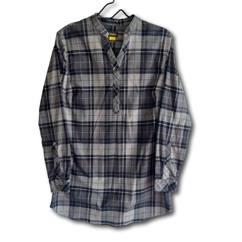 Cabela's Shirt Grey Plaid Tunic Pullover Woman’s Large Outdoors Casual Cotton